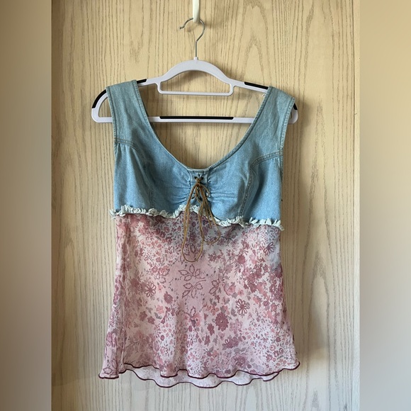 Vintage Y2K Floral Pink and Blue Denim Women's Top * REPAIRED* - Picture 1 of 16